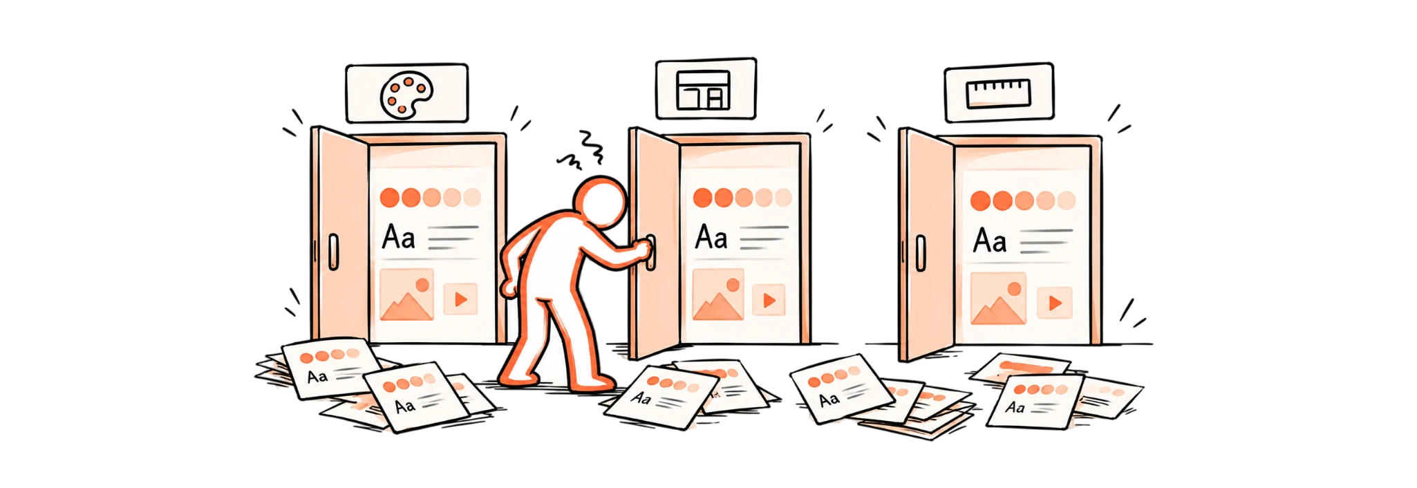 A designer opening the third of three doors, each holding the same colors, fonts and media, the same setup scattered on the floor in front of every one.
