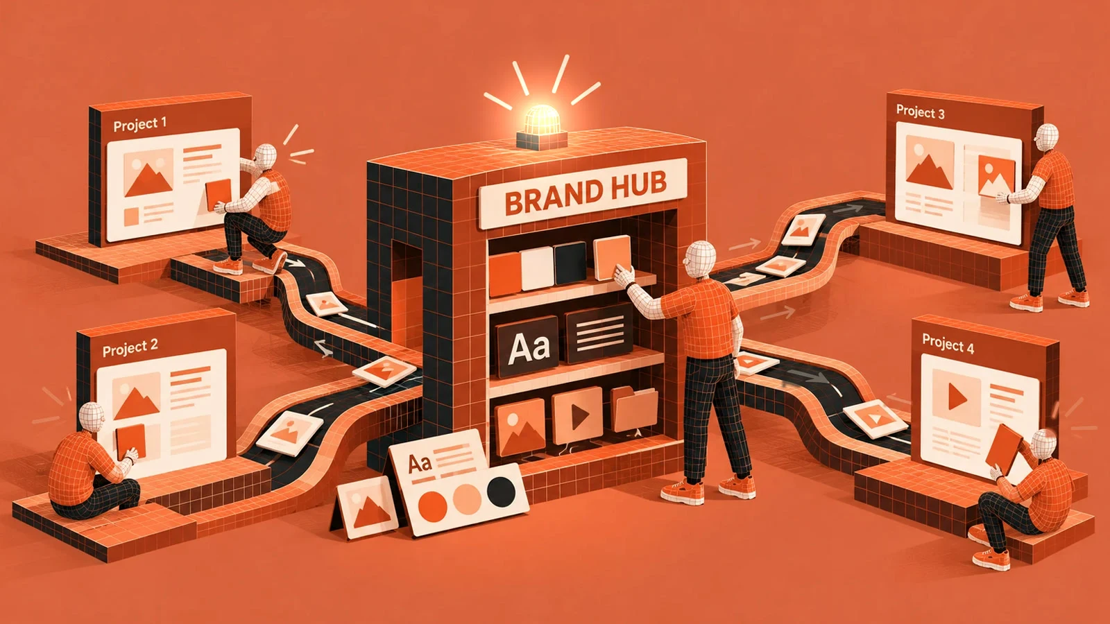 A Brand Hub kiosk stocked with colors, fonts and media, sending assets down conveyor belts to designers working on four projects.