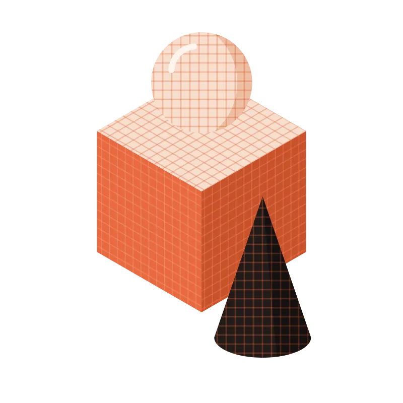 A sphere and a cone on a cube.