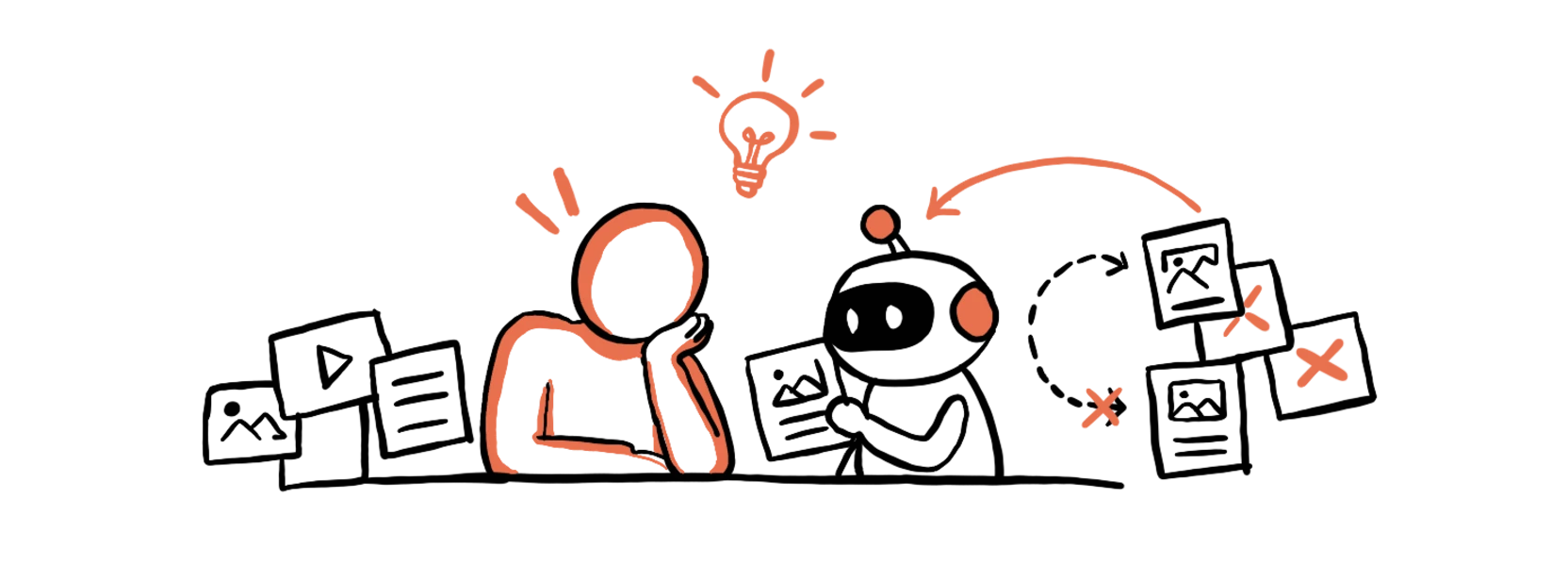 A designer and a small robot thinking side by side, surrounded by pictures, a lightbulb between them.