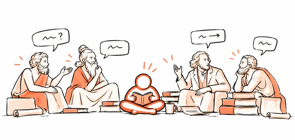Philosophers from Greece, Germany and India arguing around a seated reader.