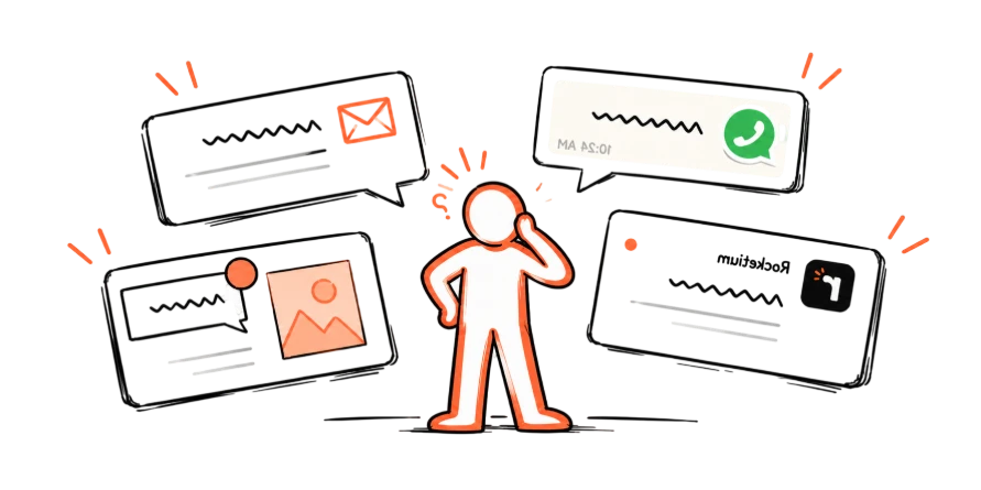 A designer surrounded by the same feedback in four places, a chat, an inbox, an email and a comment in the file.