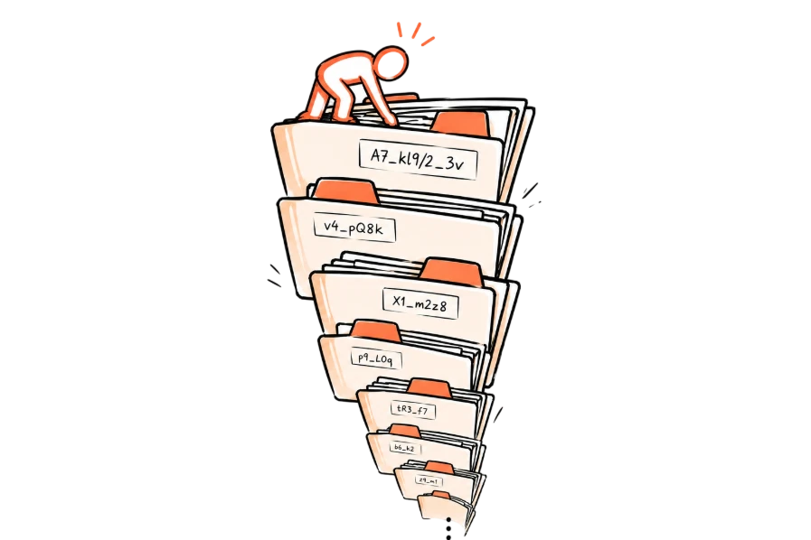 A person climbing down a tall stack of nested folders, each labelled with a tag value.