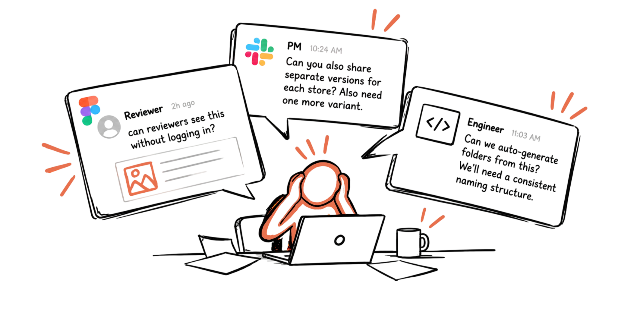 A designer with their head in their hands at a laptop, surrounded by messages from a reviewer, a PM and an engineer, each asking for something different.