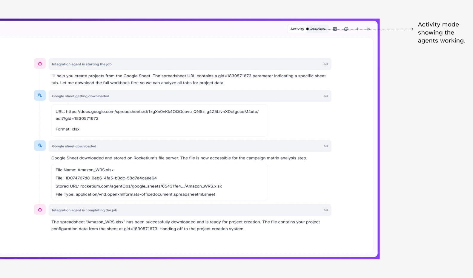 The artifact in Activity mode, showing the agents at work.