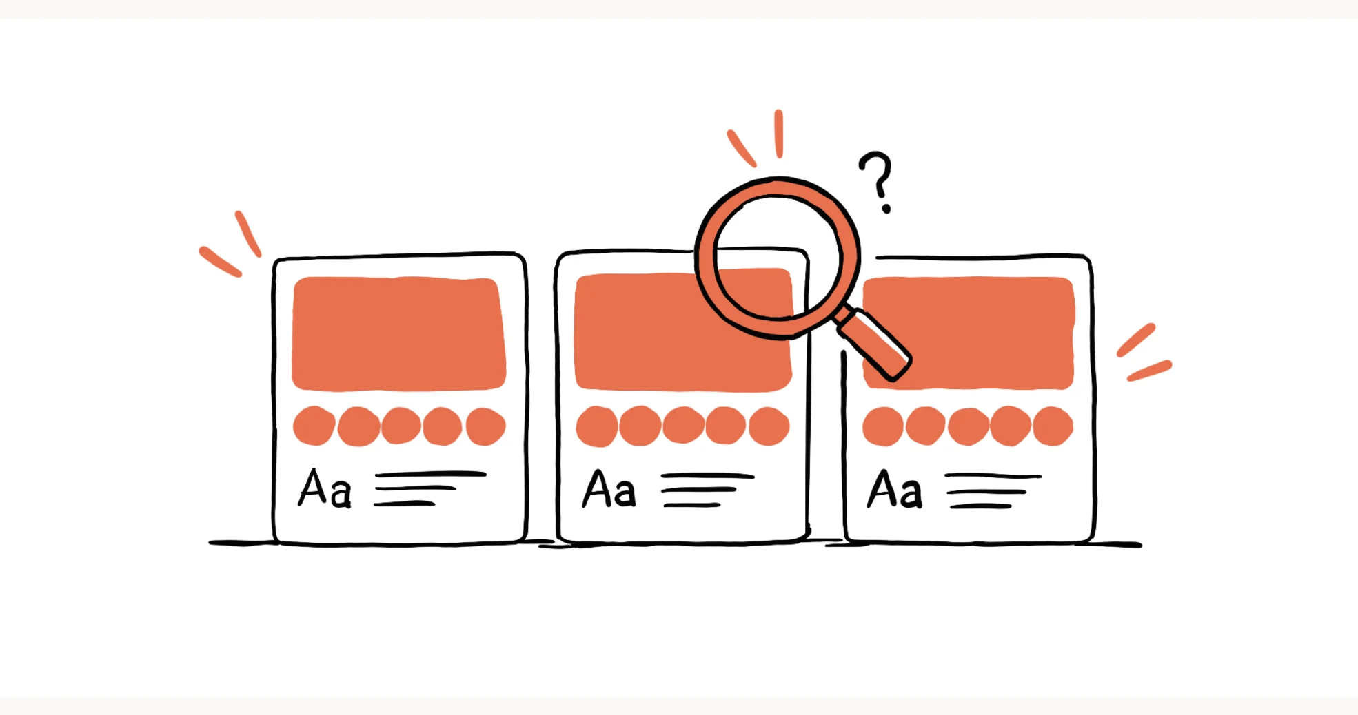 Three versions of the same brand card side by side under a magnifying glass, each slightly different.