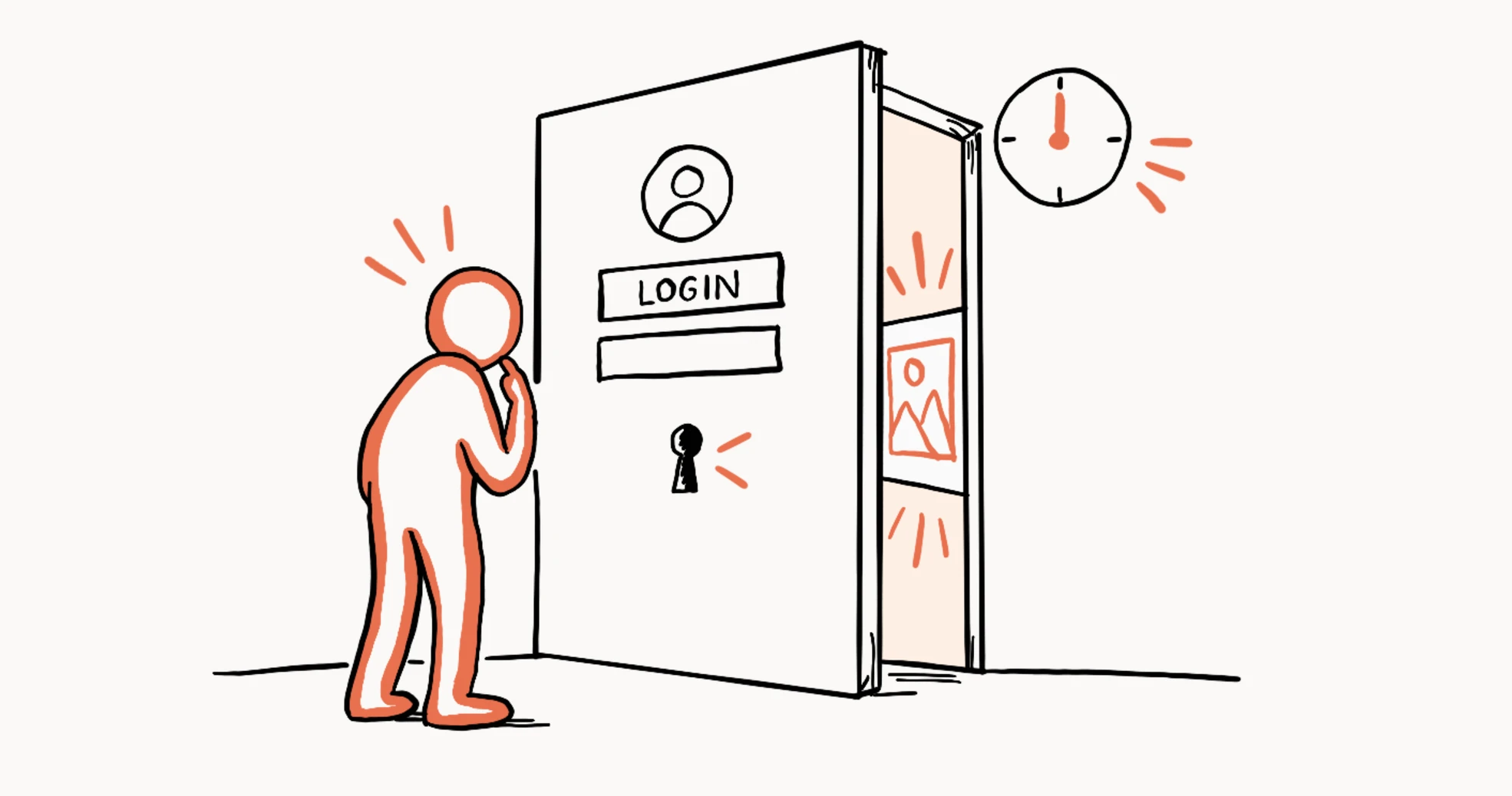 A reviewer stuck outside a door with a login screen on it, a clock ticking beside it.