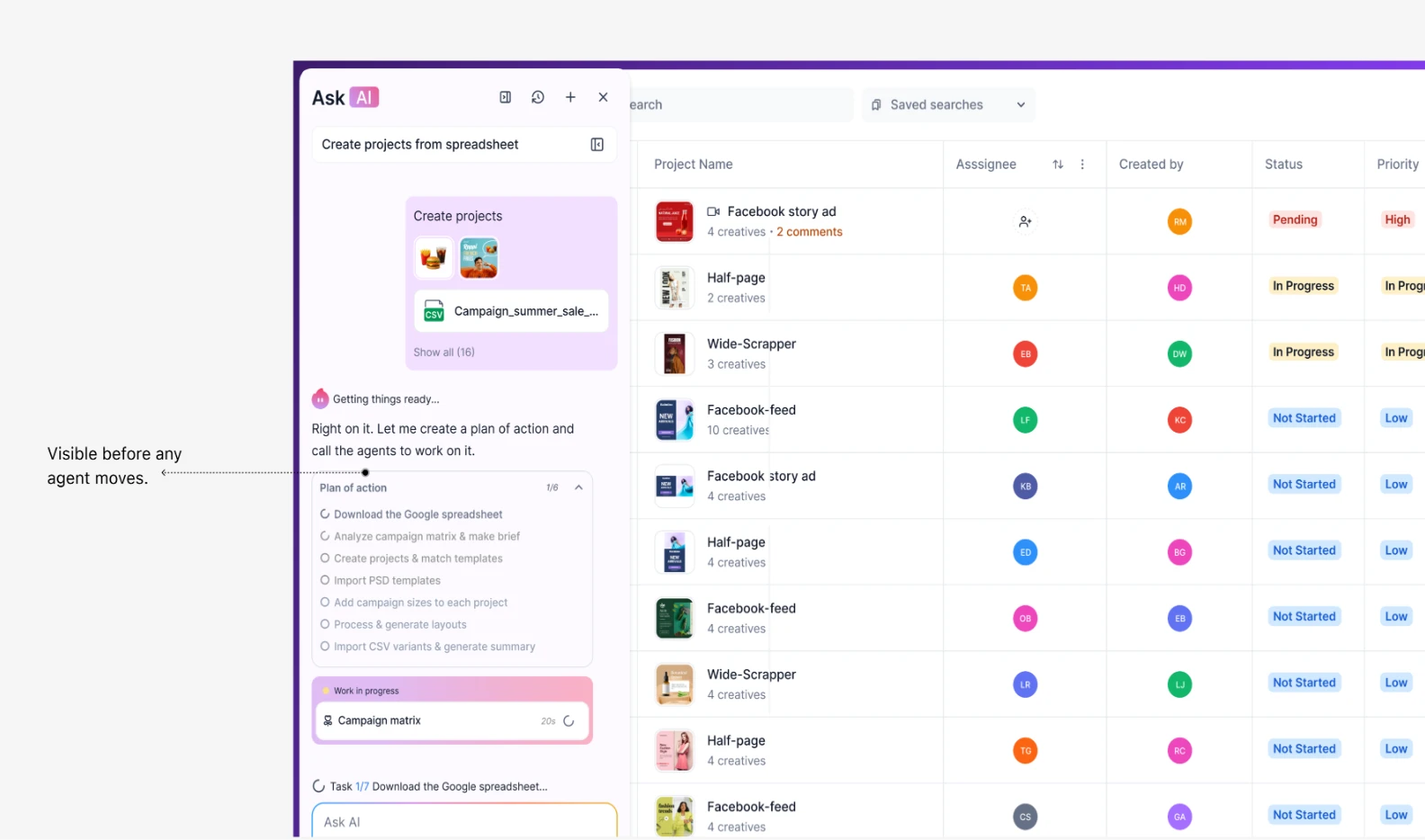 The new chat with a plan of action checklist, visible before any agent moves.